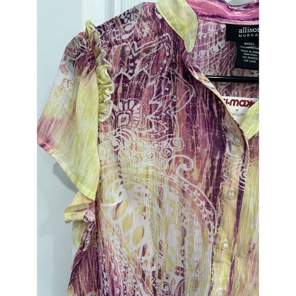 Allison Morgan Ruffle Paisley Button Front Shirt Purple Yellow Sz Small Boho NWT - Picture 4 of 10